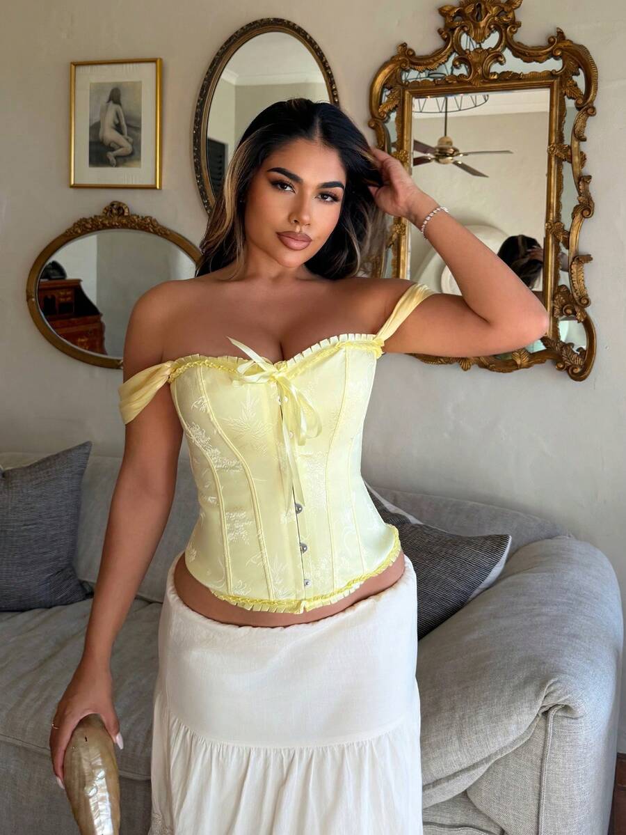Maria Perezxox 新款露肩荷叶边前系腰上衣 - 黃色 - 查看 1