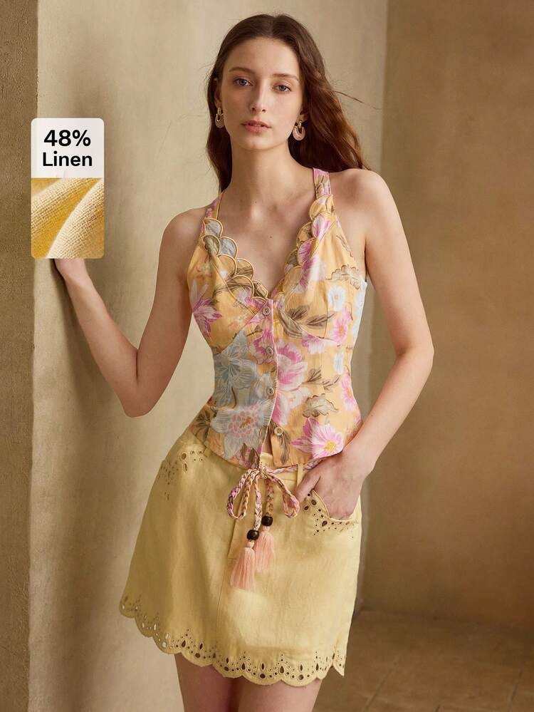WOMEN'S LACE EMBROIDERED LINEN A-LINE SKIRT, SPRING/SUMMER