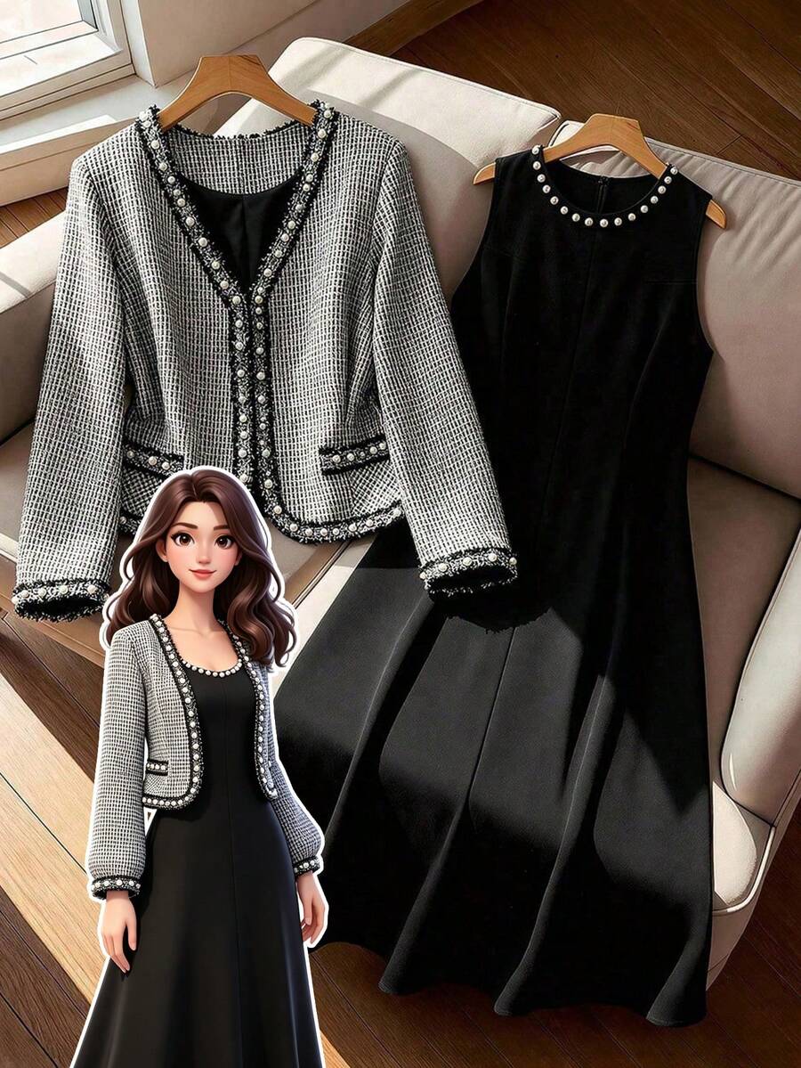 GlowEve CURVE Black And White Tweed Pearl Embellished Long Sleeve Blazer And Short Dress Coords Elegant - Black - View 1
