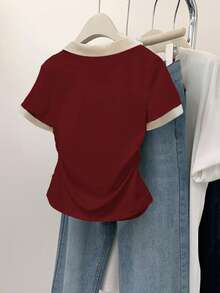 SHEIN Embroidered Contrast Color Collar Slim Fit T-Shirt, Gift For Friends - Burgundy - View 2