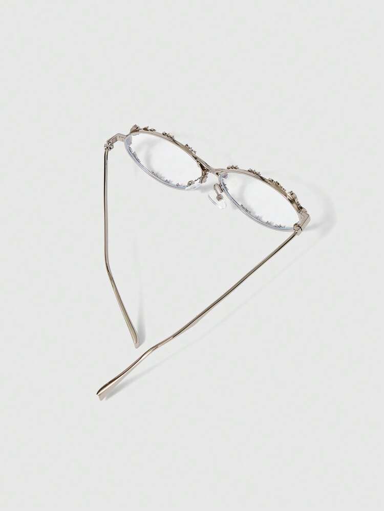 ROMWE Grunge Punk Montura de gafas ovalada con cristales de diamante, gafas de estilo minimalista de metal de alta gama sin receta, para fotografía - Multicolor - Añade 11