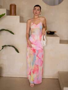Andrea Bello Romantic Date Night/Vacation Floral Print Mesh Backless Maxi Dress For Women, Spring/Summer Party - Multicolor - View 5