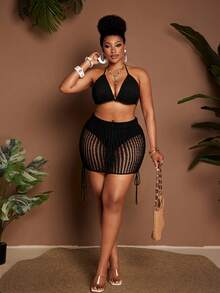 Maweii Bộ đồ nữ gồm áo croptop hở lưng cổ yếm gợi cảm, thời trang và chân váy ngắn cạp chun thắt nơ, thích hợp cho kỳ nghỉ biển, cỡ lớn. - màu đen - Xem 5