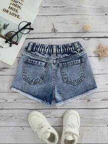 SHEIN Young Girls Summer Baby Blue Fashion Ripped Denim Shorts, High Waist Frayed Hem Loose Fit A-Line Silhouette, Comfortable Soft Fabric Street Style Shorts - Medium Wash - View 3