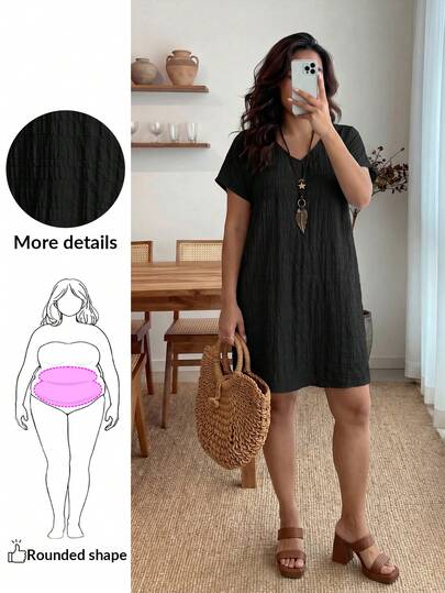 Enliva 大码纯色短袖V领连衣裙，夏季时尚