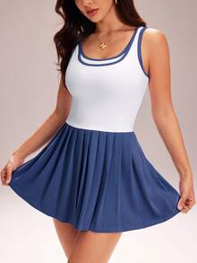 CourtClass Women's Fashion Minimalist Contrast Color Yoga Sports Pleated Skort - White - View 4