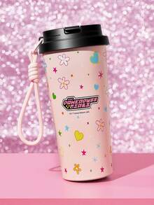 THE POWERPUFF GIRLS X SHEIN 500毫升/16盎司真空隔热不锈钢杯，配1个防漏盖，适用于冷热饮，适用于大多数车载杯架 - 粉色 - 查看 2