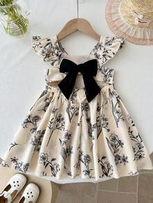 LMoss Kids 女婴碎花圆领荷叶袖休闲连衣裙 - 黑與白 - 查看 3