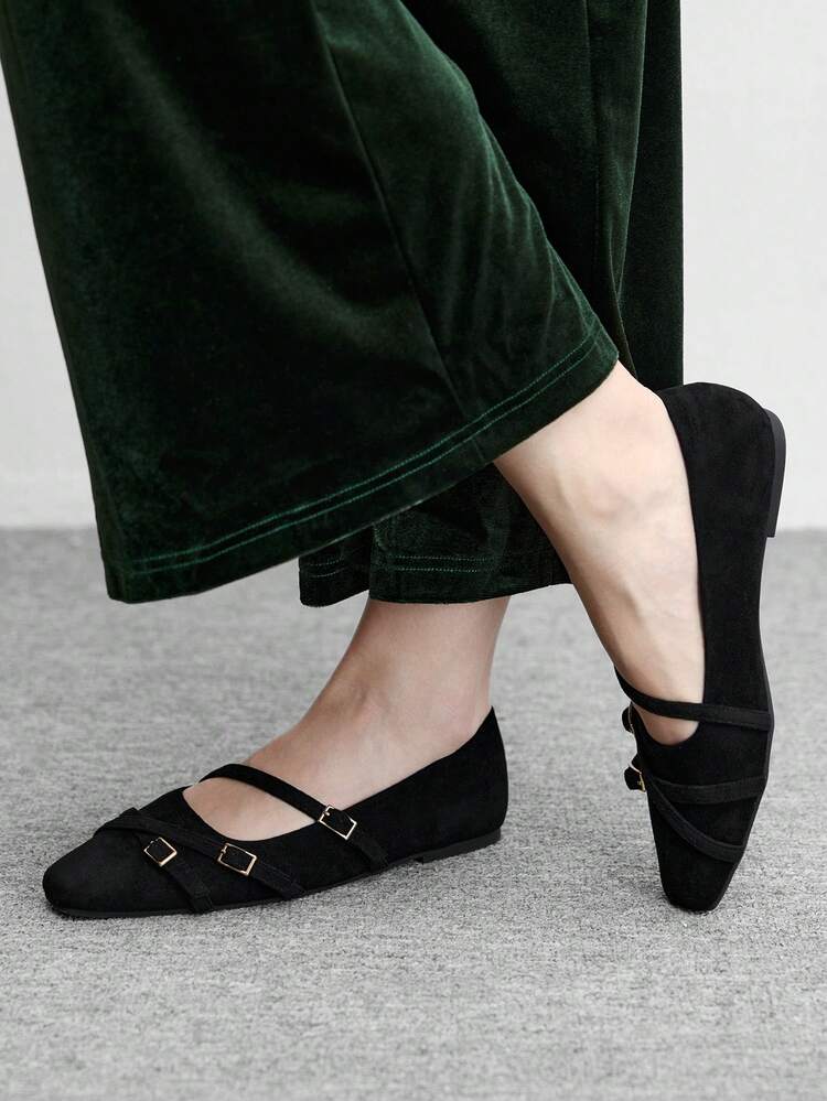 CUCCOO BIZCHIC Women Shoes Women's Square Toe Flat Bottom Black Suede Multiple Strips With Low Vamp, Slip-On Stylish And Comfortable Mary Jane Shoes Daily Versatile Commuter Women's Flat Bottom Shoes Women's Shoes