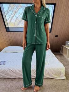Napfluff Contrast Trim Lapel Cardigan Women Pajama Set - Green - View 4