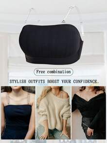 Plus Size Wireless Bra, Thin Comfortable Front Closure Gather Lift Pearl Strap Bra, 1pc Strapless Bra For Plus Size Plus Size Bra - Black - View 4