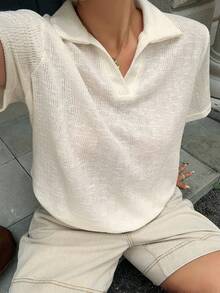 Dazy Plus 大码女式夏季 Polo 领短袖宽松休闲 T 恤，度假风 - 杏色 - 查看 2