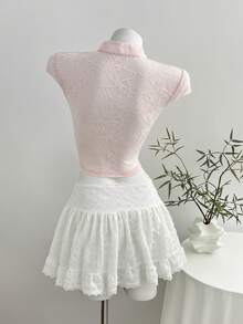 Elamini Áo thun ngắn mùa hè dành cho nữ, kiểu dáng tối giản, cổ chữ V, chất liệu ren xuyên thấu, chất liệu ren ... - Hồng - Xem 2