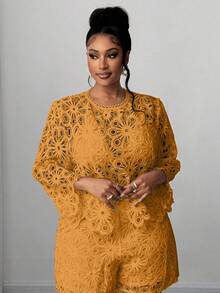 Plusstorlek Elegant enfärgad urholkad blus, sommar - Gul - Visa 3