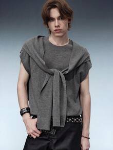 ROMWE MEN Street Life Men's Solid Color Knit Shawl Matched With Round Neck Knit Top Casual Suit - Light Grey - View 1