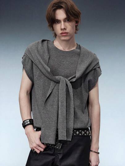 ROMWE MEN Street Life Bộ vest nam gồm khăn choàng dệt kim màu trơn và áo dệt kim cổ tròn, kiểu dáng thường ngày.