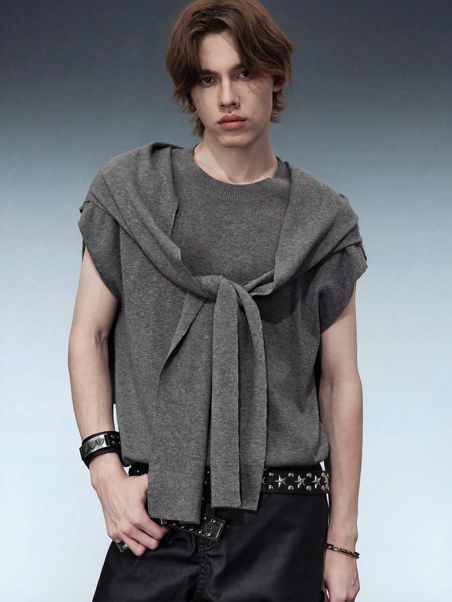 ROMWE MEN Street Life Men's Solid Color Knit Shawl Matched With Round Neck Knit Top Casual Suit - Light Grey - View 1