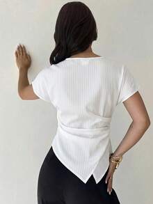 Firerie 休闲优雅格纹不对称下摆衬衫，适合通勤、日常休闲和时尚商务穿着/秋季女装/返校季/教师装/外出上衣/商务休闲女装/条纹衬衫/商务休闲女装/教师衬衫 - 白色 - 查看 2