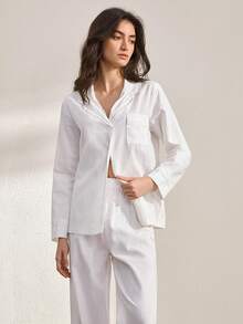 Ocili Conjunto de pijama de mujer de unicolor con cuello de solapa, botón de concha, bordado de encaje natural y suave, de manga corta y pantalón corto para uso diario - Blanco - Ver 2