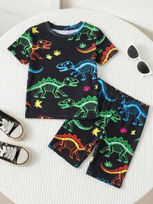 SHEIN [Random 3 Sets,Send 1 Sets] Young Boy Glow-In-The-Dark Dinosaur Print Snug Fit Short Sleeve Shorts Knit Soft & Breathable 2-Piece Pajama Set Summer - Multicolor - View 6
