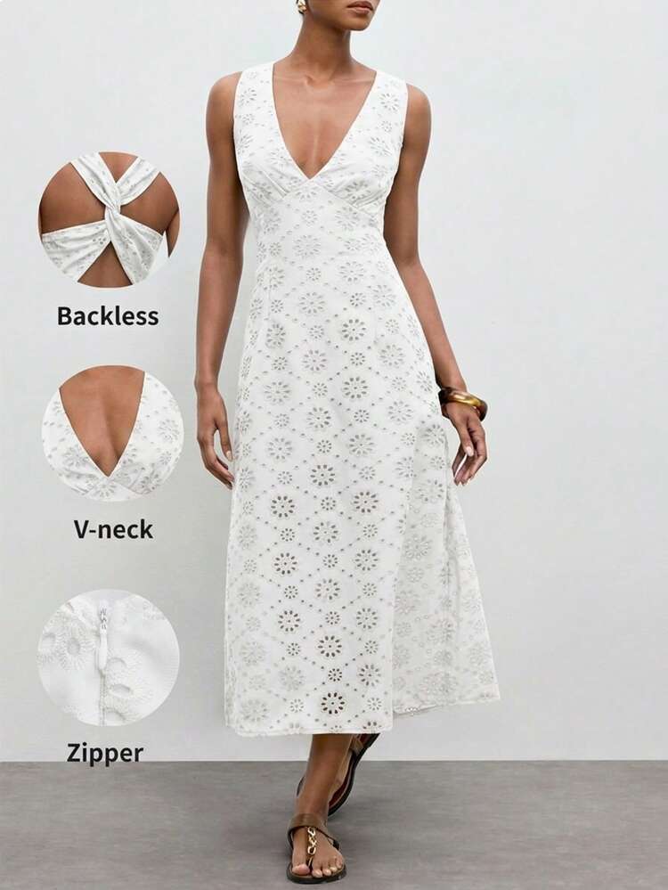 SHEIN Maija Women's Vacation Casual Solid Color Hollow Embroidery Twist Back Mid-Length Dress