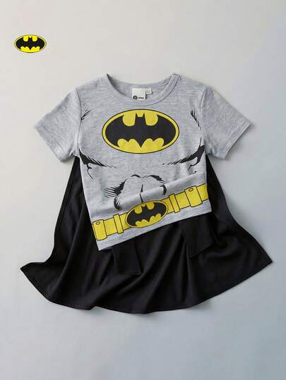 Maija Kids BATMAN X SHEIN Maija Kids Camiseta de manga corta de cuello redondo de punto suave para niña con gráfico de superhéroe