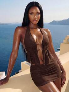 Bellisia Women's Spaghetti Strap Tankini Swimsuit With Mesh Mini Skirt, Sexy Beach Holiday Date Swimwear, Spring/Summer 2 Piece Set Brown Cover Up Swimwear - Brown - View 2