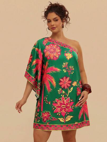 Travachic Plus Size Casual Asymmetric Neck Tropical Botanical Print Mini Dress, Navy Blue, Suitable For Summer & Autumn
