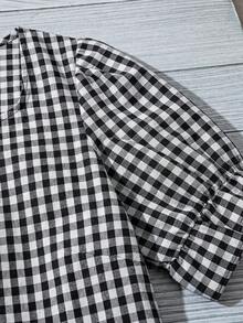 SHEIN VCAY 大码夏季休闲格子花瓣袖衬衫 - 黑與白 - 查看 6