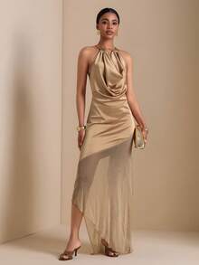 Vesra Women's Solid Color Plunging Neck Mesh Hem Dress - Khaki - View 3