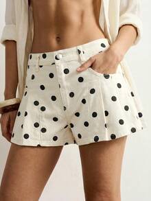 Bohemela Women's Polka Dot Print Pocket Button Denim Shorts - Black and White - View 6
