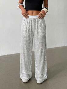 SHEIN Teen Girl Silver Sequin Loose Pants, Shiny Design, Casual For Any Occasion - Silver - View 5