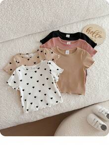 5-Piece  Of Solid Color Heart Pattern Knitted Casual T-Shirts For Baby Girls (Multiple Pieces) - Multicolor - View 7