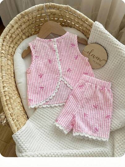 Babygirl Summer Cute Vacation Embroidered Hollow-Out Lace Patchwork Sleeveless Top And Elastic Waist Shorts Set