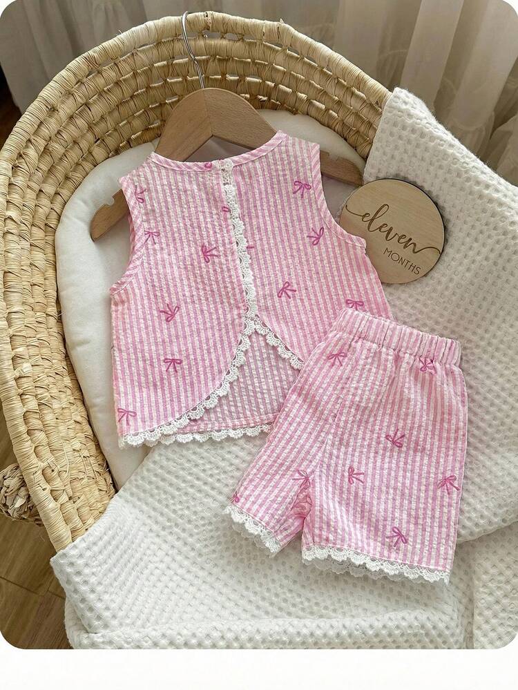 Babygirl Summer Cute Vacation Embroidered Hollow-Out Lace Patchwork Sleeveless Top And Elastic Waist Shorts Set - Pink - View 1