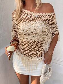 Selianne 女士休闲度假手工亮片多功能流苏下摆针织上衣 - 杏色 - 查看 6