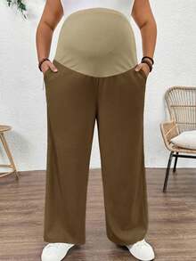 Plussiva Celana Panjang Kasual Lurus Warna Polos untuk Wanita Hamil Ukuran Besar dengan Kantong Miring - Unta - View 3
