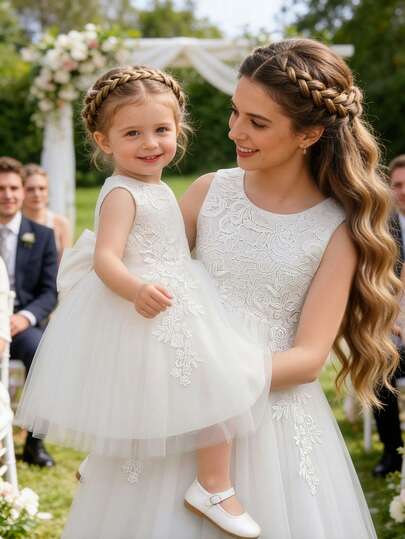 SHEIN Glamorique Kids Girls (Small) Elegant Charming White Lace Sleeveless Waist-Cinched Cute Bow Detachable Luxurious Double-Layer Tulle Puff Dress