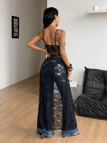 Coolane 女士夏季音乐节街头风 Y2K 度假休闲装扮 西式蕾丝弹力吊带无袖长款薄纱罩衫 - 黑色 - 查看 2