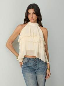 SHEIN Tall Women's Solid Color Ruffled Halter Casual Versatile Date Outing Shirt, Tall Women - Beige - View 5