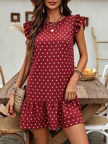 SHEIN LUNE Đầm ngắn nữ mùa hè màu đỏ chấm bi cổ tròn tay ngắn xếp nếp - Đỏ - Xem 5