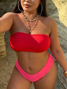 SHEIN Swim Curve Plus Size Women 3-Piece Bikini Set, Strapless Beach Vacation Swimwear Top - Red - View 3
