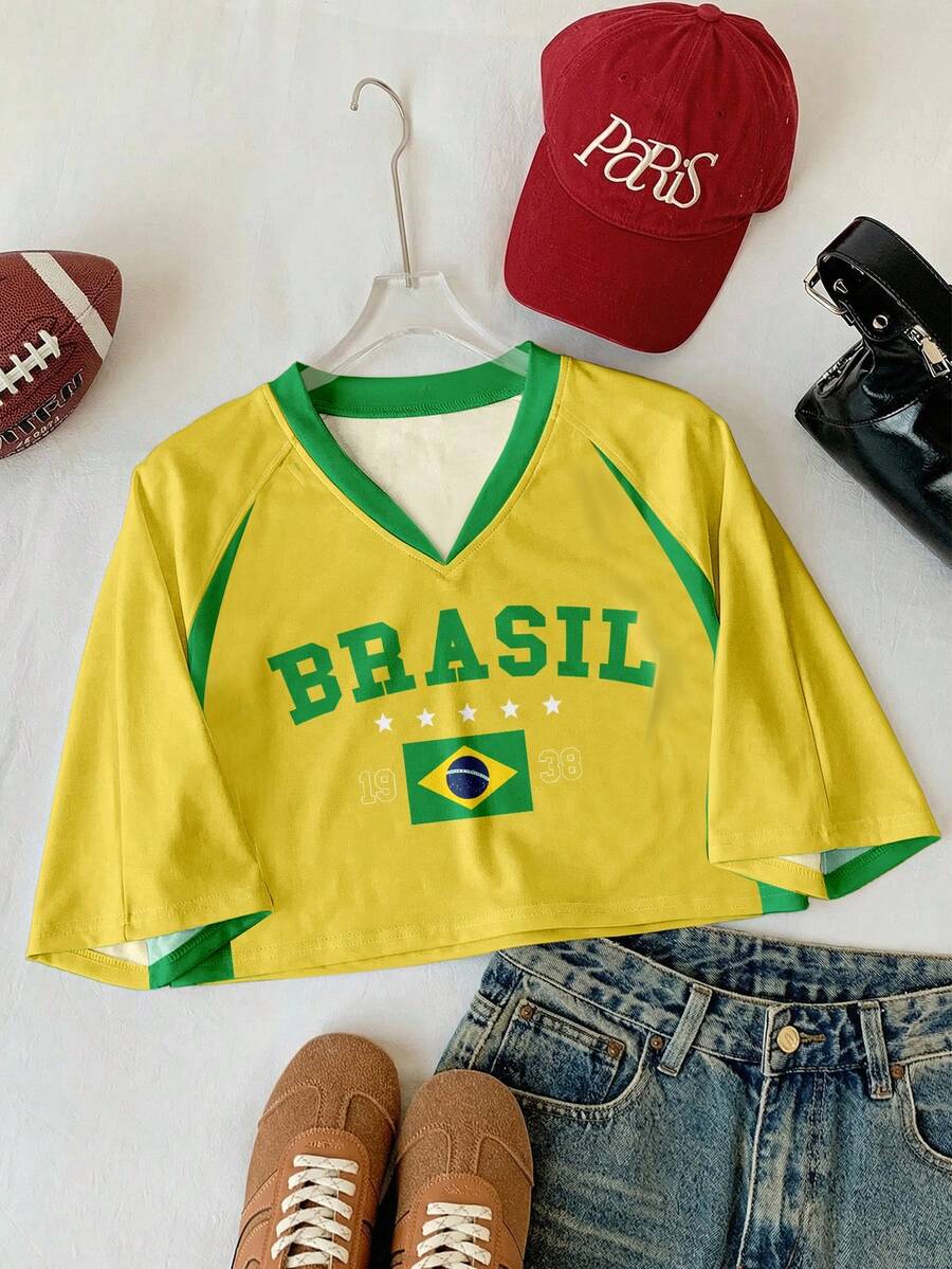 SHEIN EZwear Women's Summer V-Neck Contrast Color Letter Print Casual Cropped Top, Raglan Sleeve Knit Sweater - Multicolor - View 1