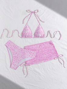 Swim Mod Bộ bikini 3 món gợi cảm họa tiết da báo dành cho nữ, kiểu cổ yếm, cúp ngực tam giác, chất liệu lưới, kèm váy đi biển, áo tankini và váy bơi. - Màu Hồng baby - Xem 4