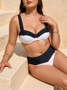 Swim Chiccia Plus Size Women's Summer Beach Contrast Color Sexy Bikini Swimwear Set - Multicolor - View 2