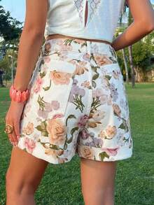 Livesso Quần short denim cotton trắng cạp cao in họa tiết, kiểu dáng thường ngày, thích hợp cho kỳ nghỉ, đi biển, dự tiệc, kỳ nghỉ hè. - trắng - Xem 2
