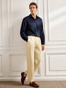 Officeau Men's Casual Basic Ribbed Ribbed Textured Fabric Button-Up Long Sleeve Collared Shirt - Navy Blue - View 3