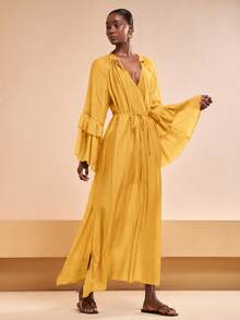 Zivah Đầm maxi casual đa năng, mẫu mới về mùa Xuân/Hè 2026, phù hợp cho Ngày Valentine, Lễ hội âm nhạc, Lễ Phục sinh, phong cách miền Tây, Boho, Nashville, tiệc tùng, đám cưới, hẹn hò, tụ họp, sinh nhật, phong cách sinh viên, mặc hàng ngày, kỳ nghỉ, du thuyền, bãi biển, tắm nắng, hợp thời trang, thanh lịch, đi làm, công sở, cổ tròn, cổ chữ V, buộc dây phía trước, dáng chữ H rộng, xẻ tà bên, có lớp lót, vải sọc dọc nhăn màu nâu, đầm maxi casual nữ, đầm maxi màu nâu, đầm đi nghỉ mát - Màu vàng ngỗng - Xem 4