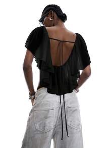 LYSMO 2026 New Minimalist Spring/Summer Women's Solid Color Ruffle Asymmetric Hem Blouse, Summer Top, Black - Black - View 2