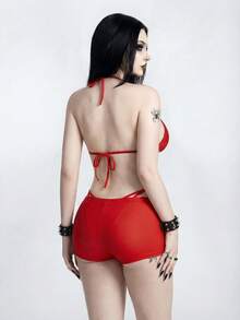 ROMWE Goth Bộ bikini 3 mảnh dành cho nữ, gồm áo hai dây cổ yếm và quần lót tam giác có dây rút ở eo, in chữ tương phản màu đỏ và trắng. - Nhiều màu - Xem 3